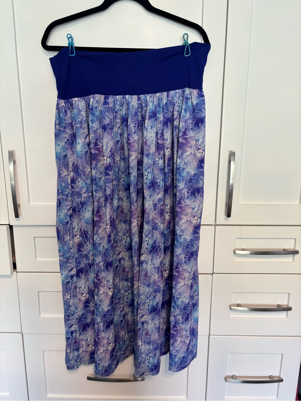 Blue Sky Royal Blue and Lavender Floral Skirt. Waist 18-28, length 40